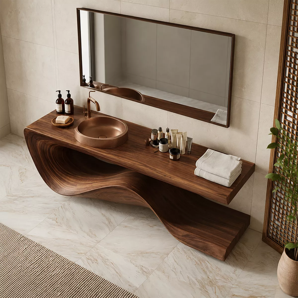 Sculptural Solid Wood Bathroom Vanity With Flowing Wave Base And Natural Wood Grain