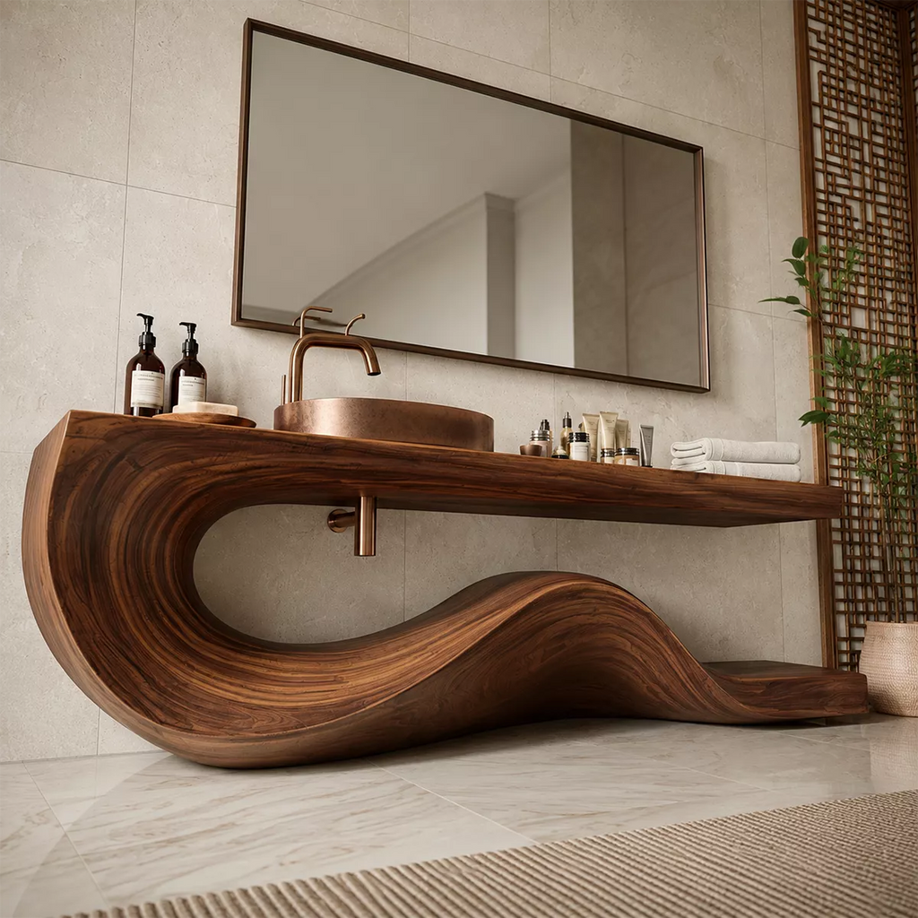 Sculptural Solid Wood Bathroom Vanity With Flowing Wave Base And Natural Wood Grain