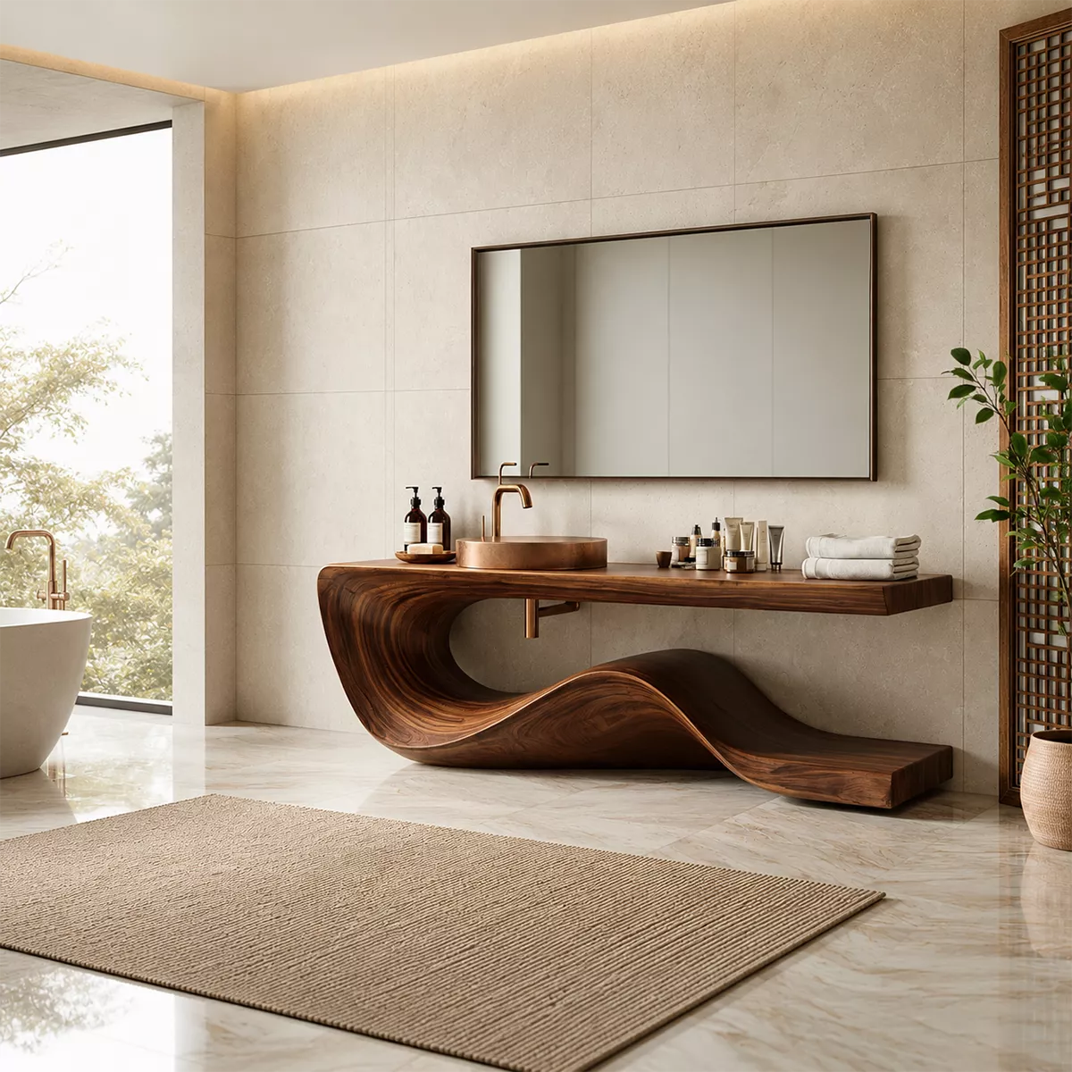 Sculptural Solid Wood Bathroom Vanity With Flowing Wave Base And Natural Wood Grain