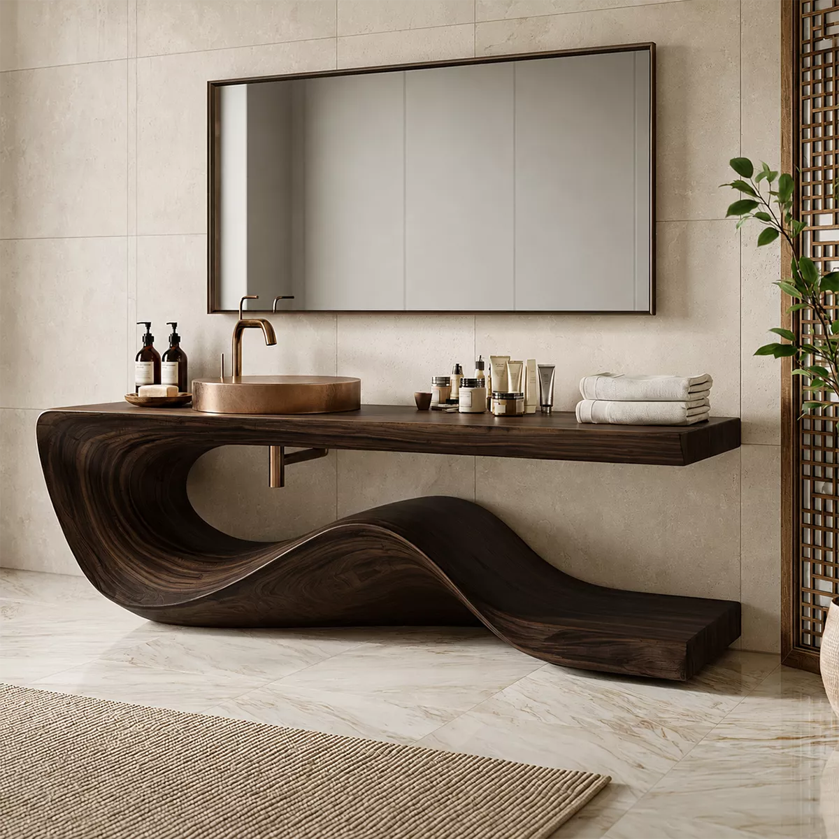 Sculptural Solid Wood Bathroom Vanity With Flowing Wave Base And Natural Wood Grain