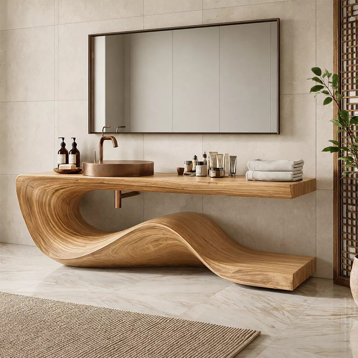 Sculptural Solid Wood Bathroom Vanity With Flowing Wave Base And Natural Wood Grain