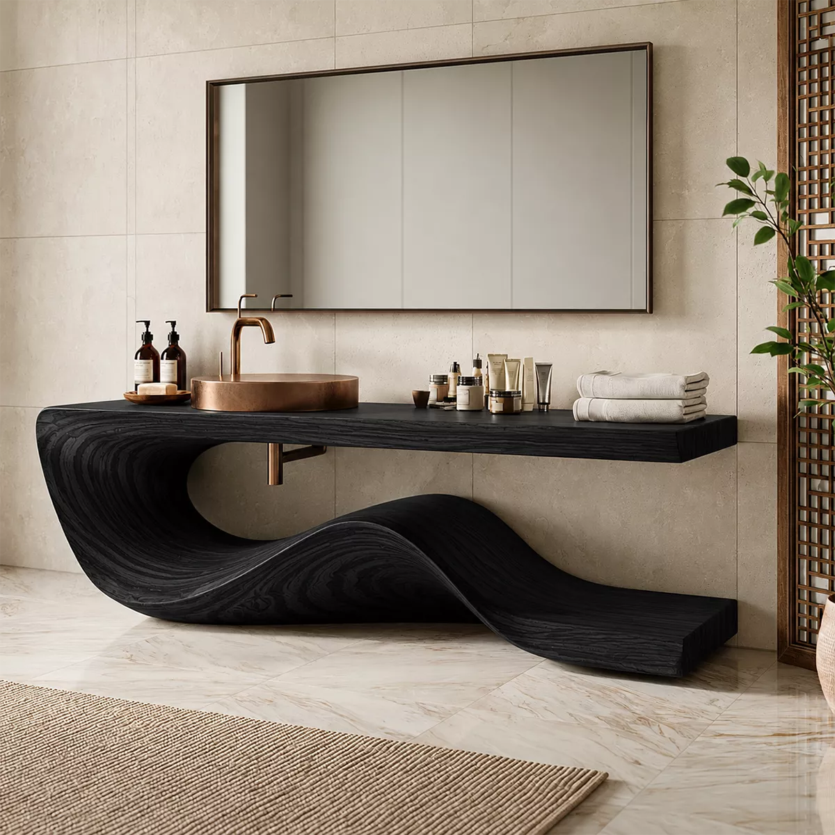 Sculptural Solid Wood Bathroom Vanity With Flowing Wave Base And Natural Wood Grain