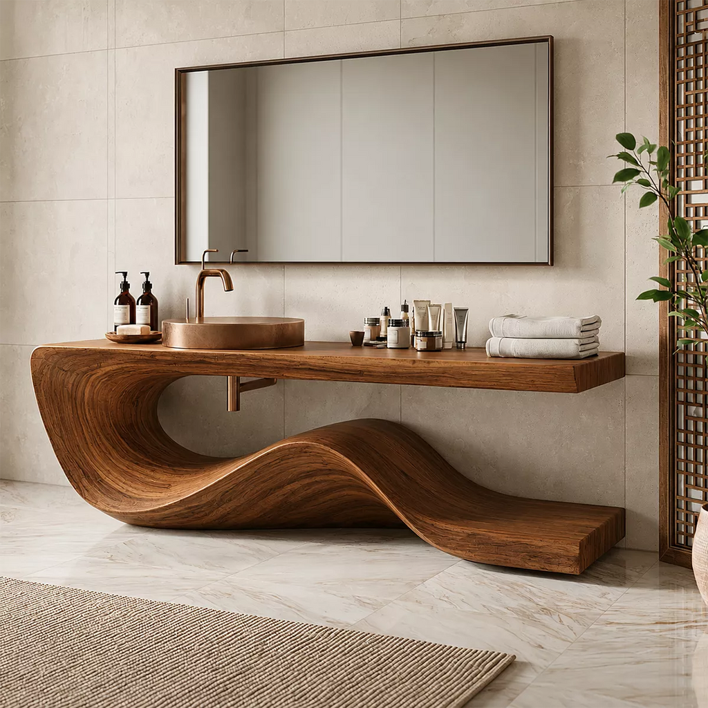 Sculptural Solid Wood Bathroom Vanity With Flowing Wave Base And Natural Wood Grain