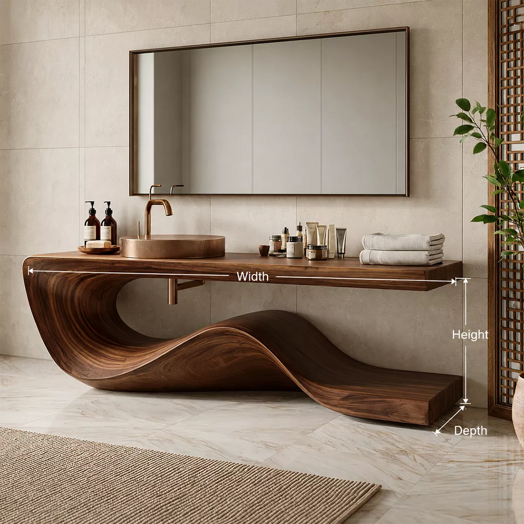 Sculptural Solid Wood Bathroom Vanity With Flowing Wave Base And Natural Wood Grain