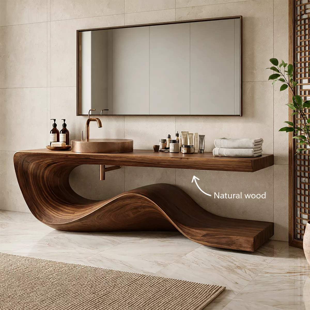 Sculptural Solid Wood Bathroom Vanity With Flowing Wave Base And Natural Wood Grain