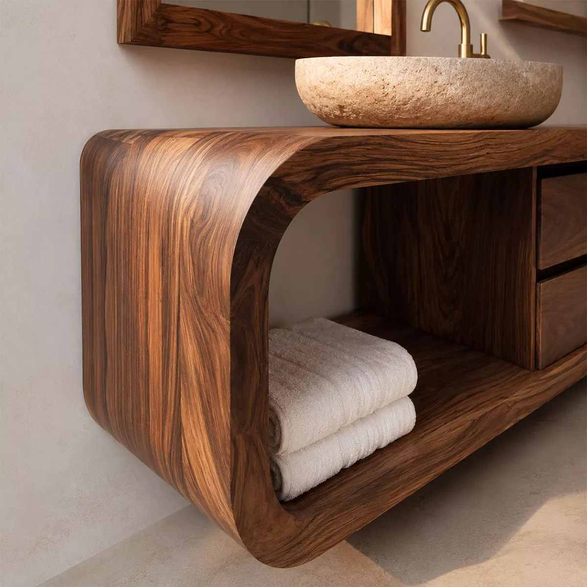 Solid Wood Bathroom Vanity With Rounded Open Shelf And Drawer Storage For Modern Bathroom