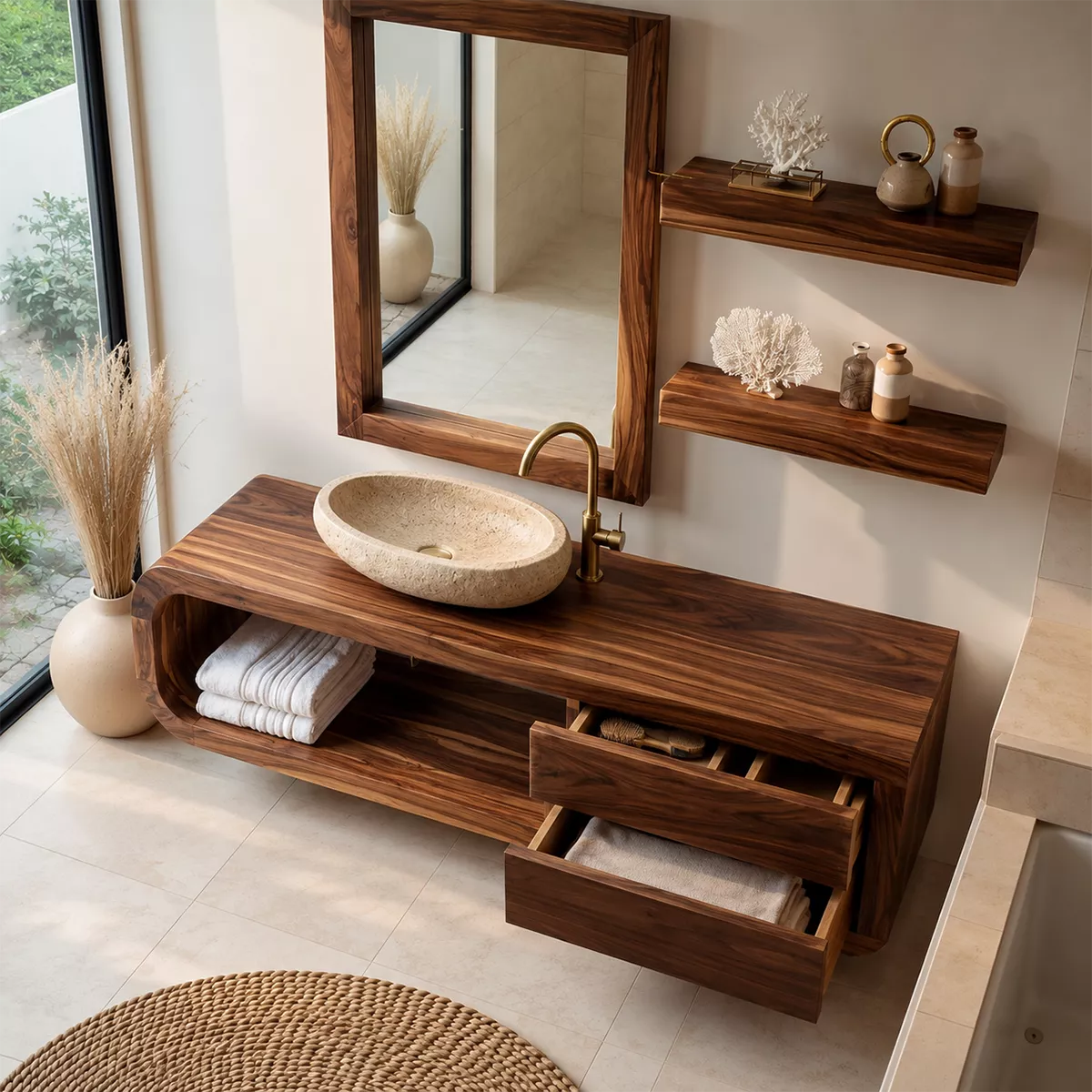 Solid Wood Bathroom Vanity With Rounded Open Shelf And Drawer Storage For Modern Bathroom
