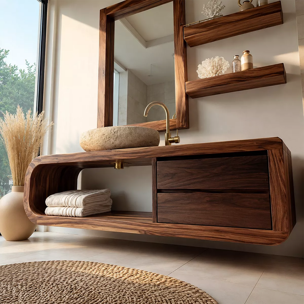 Solid Wood Bathroom Vanity With Rounded Open Shelf And Drawer Storage For Modern Bathroom