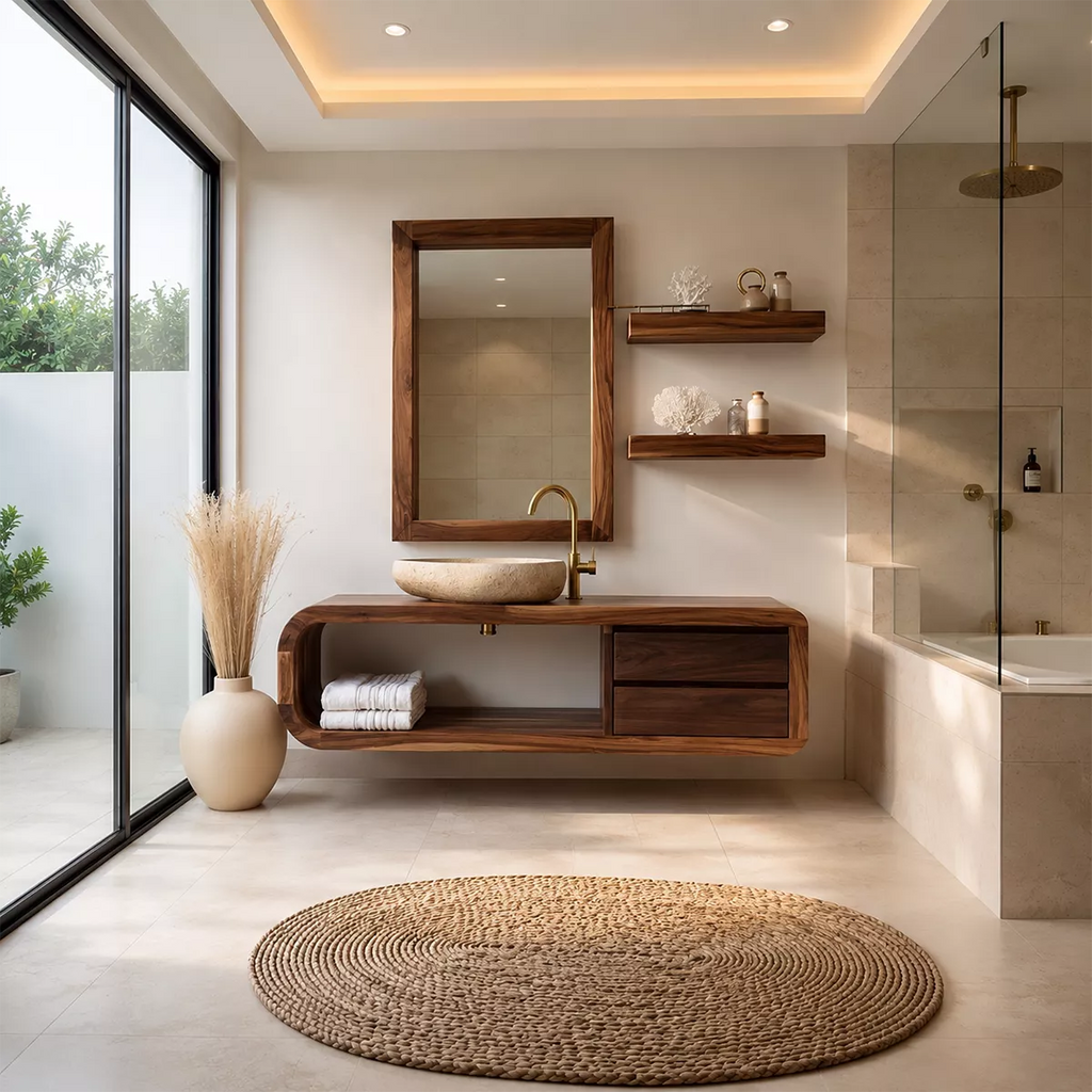 Solid Wood Bathroom Vanity With Rounded Open Shelf And Drawer Storage For Modern Bathroom