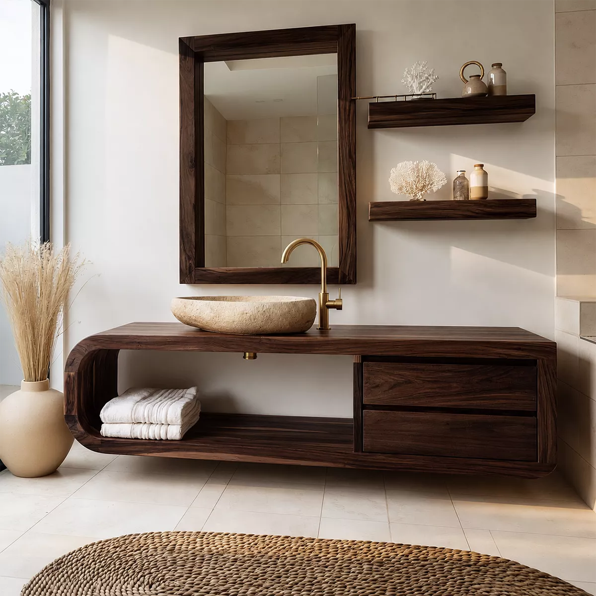 Solid Wood Bathroom Vanity With Rounded Open Shelf And Drawer Storage For Modern Bathroom