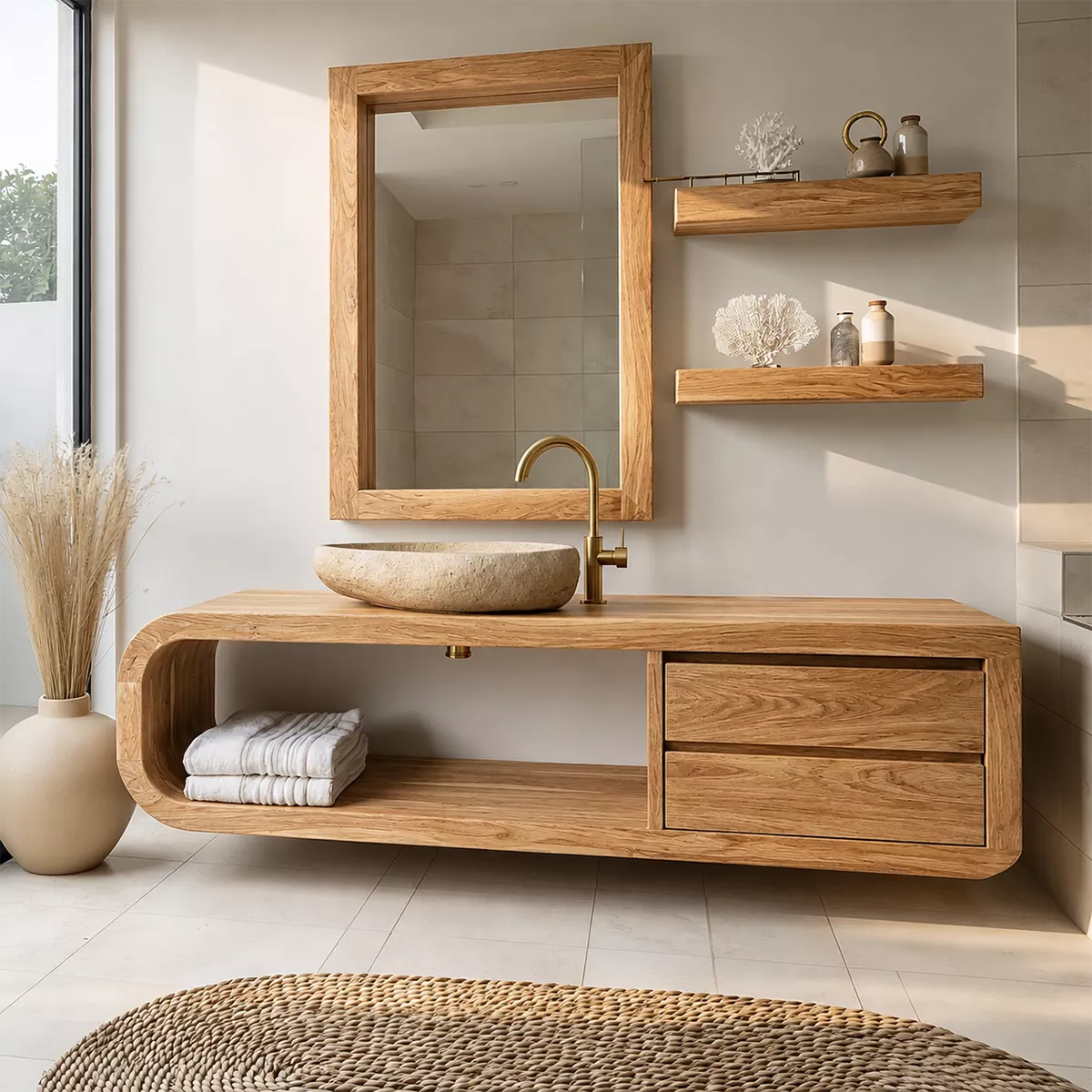 Solid Wood Bathroom Vanity With Rounded Open Shelf And Drawer Storage For Modern Bathroom