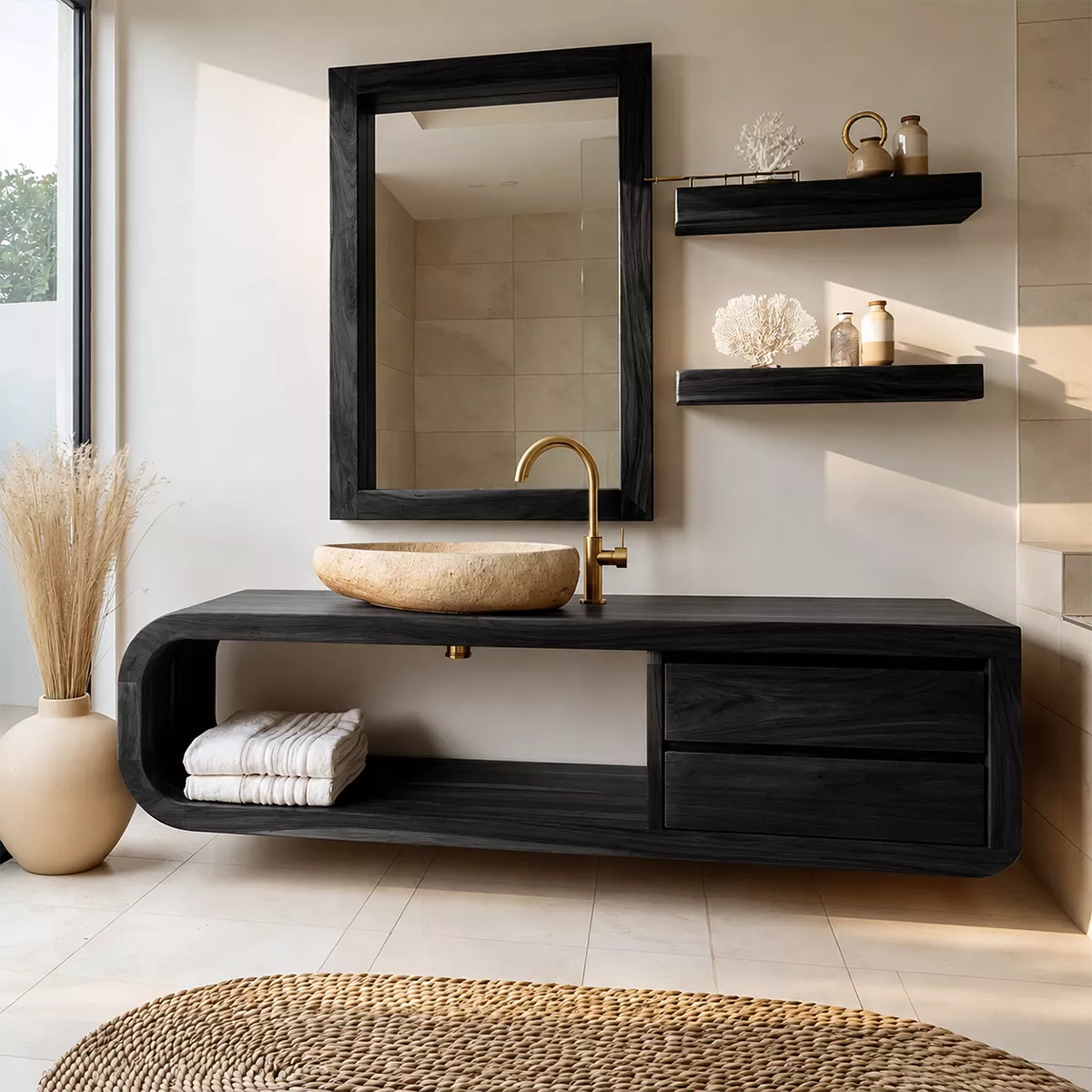 Solid Wood Bathroom Vanity With Rounded Open Shelf And Drawer Storage For Modern Bathroom
