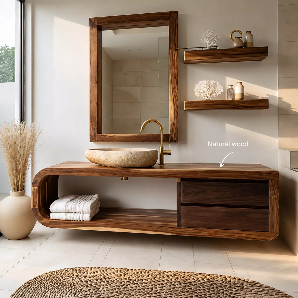 Solid Wood Bathroom Vanity With Rounded Open Shelf And Drawer Storage For Modern Bathroom