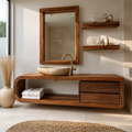 Solid Wood Bathroom Vanity With Rounded Open Shelf And Drawer Storage For Modern Bathroom