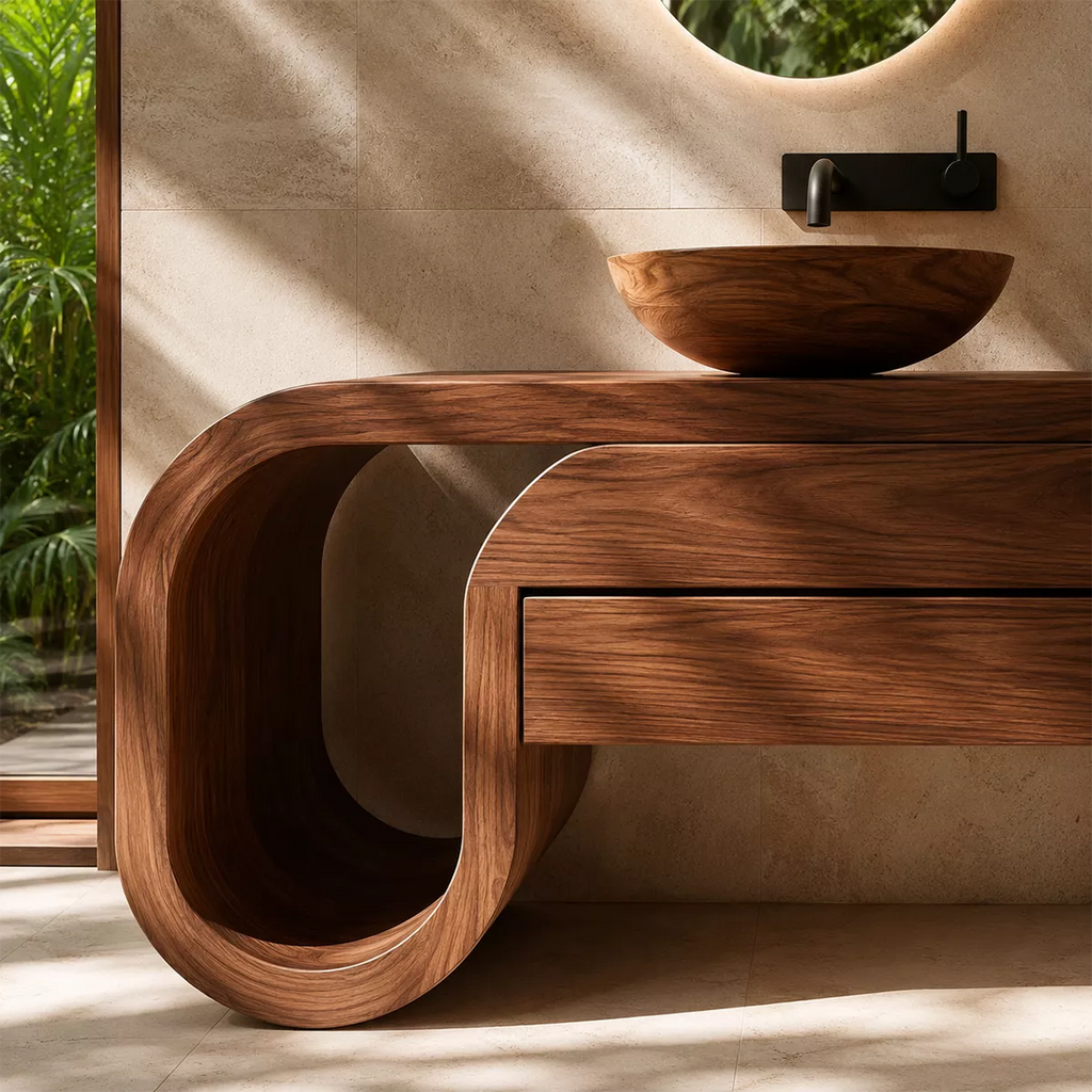 Floating Walnut Wood Bathroom Vanity With Curved U Frame And Hidden Drawer Storage