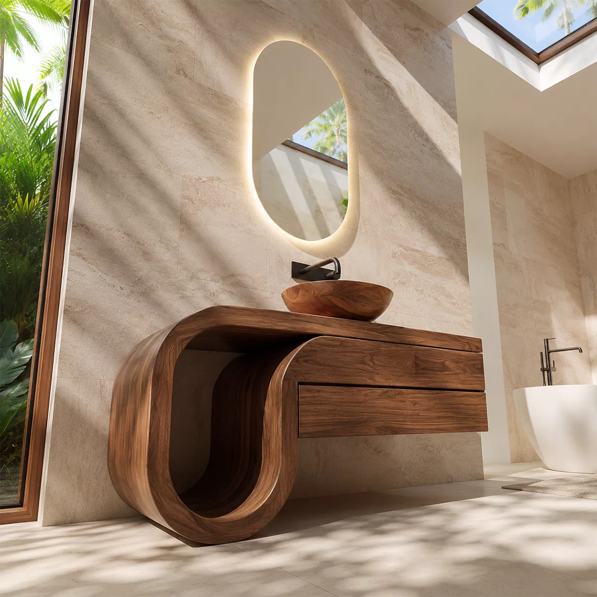 Floating Walnut Wood Bathroom Vanity With Curved U Frame And Hidden Drawer Storage