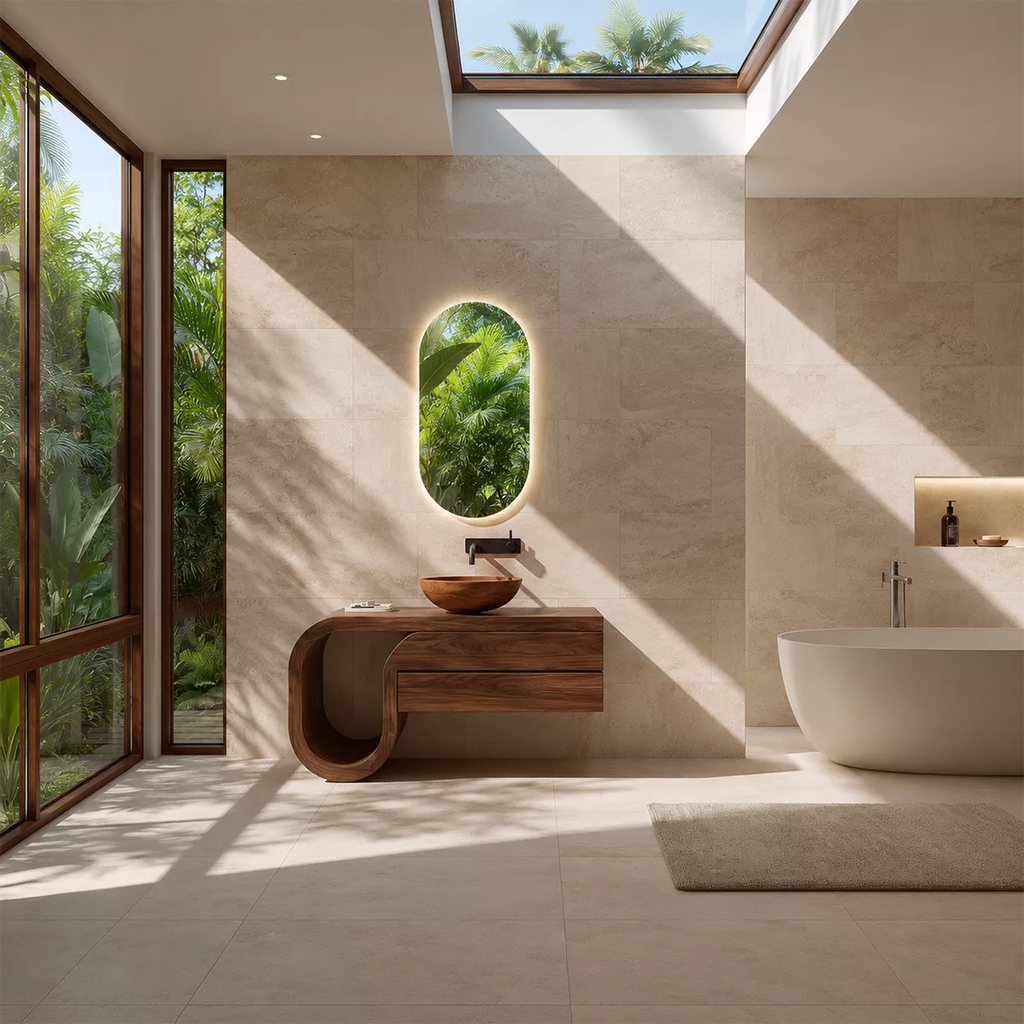 Floating Walnut Wood Bathroom Vanity With Curved U Frame And Hidden Drawer Storage