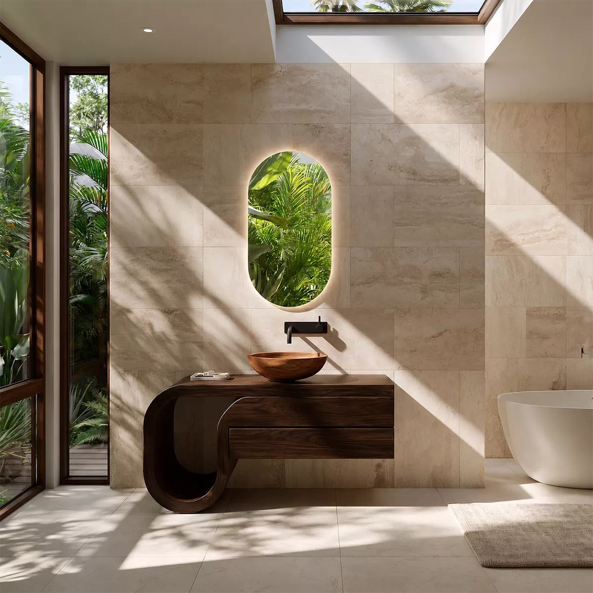 Floating Walnut Wood Bathroom Vanity With Curved U Frame And Hidden Drawer Storage