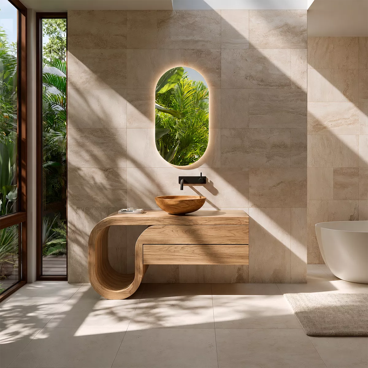 Floating Walnut Wood Bathroom Vanity With Curved U Frame And Hidden Drawer Storage