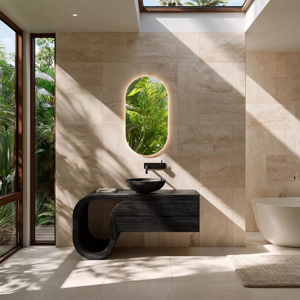 Floating Walnut Wood Bathroom Vanity With Curved U Frame And Hidden Drawer Storage