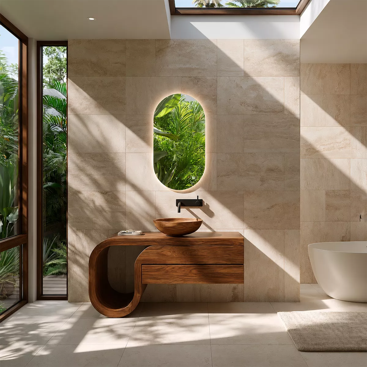 Floating Walnut Wood Bathroom Vanity With Curved U Frame And Hidden Drawer Storage