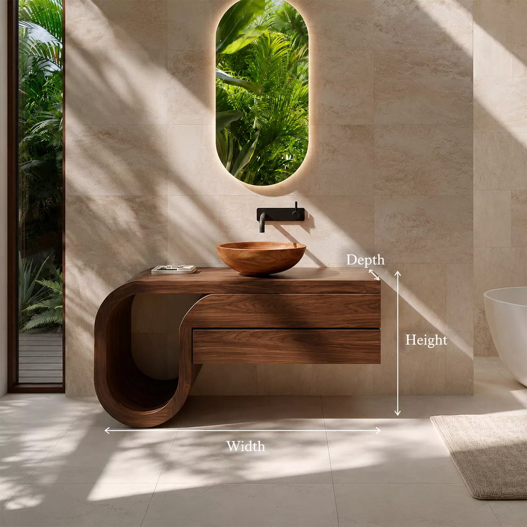 Floating Walnut Wood Bathroom Vanity With Curved U Frame And Hidden Drawer Storage