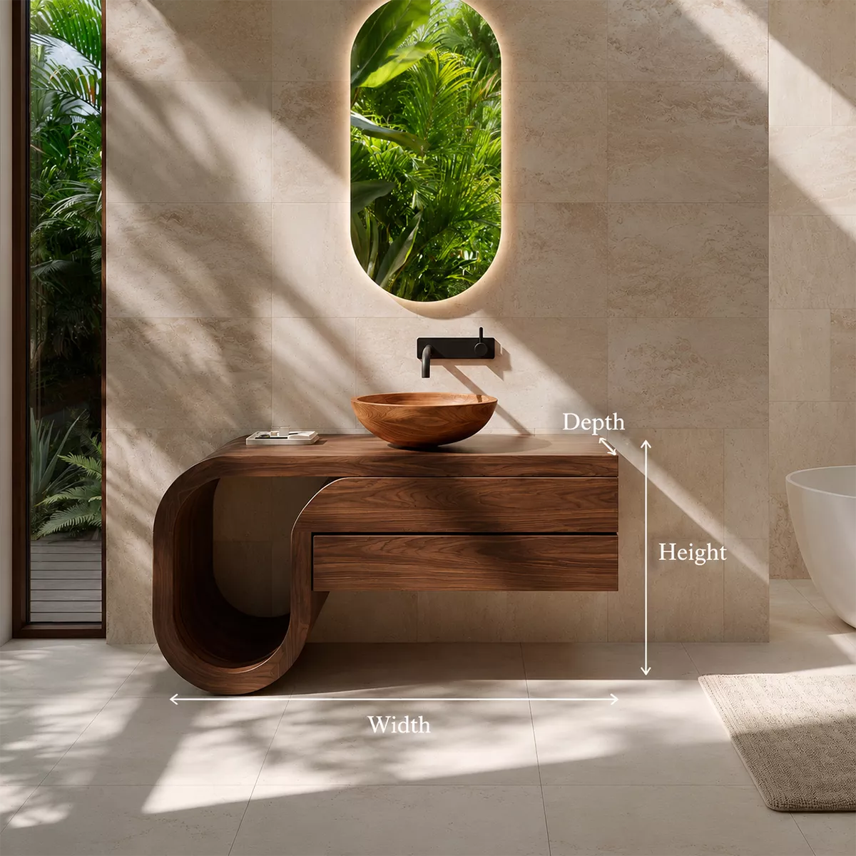 Floating Walnut Wood Bathroom Vanity With Curved U Frame And Hidden Drawer Storage