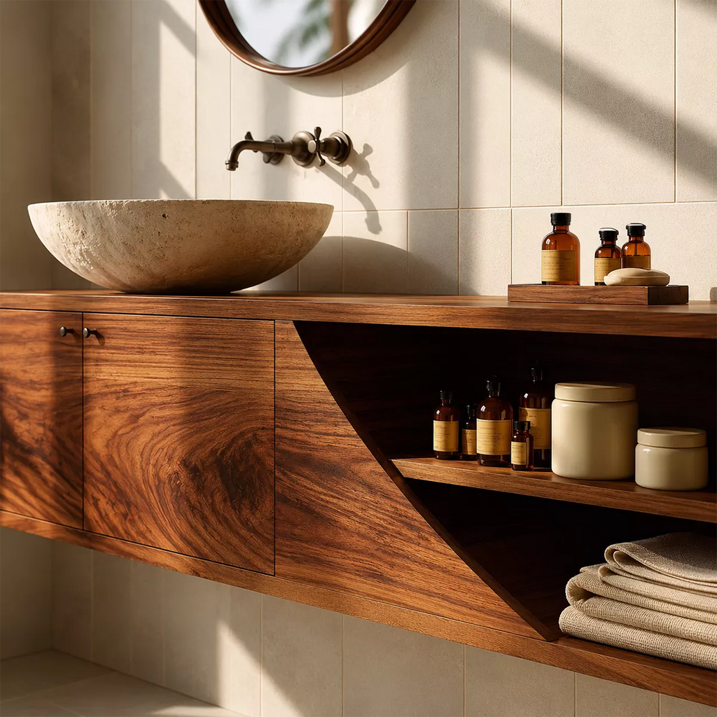 Floating Solid Wood Bathroom Vanity With Asymmetrical Open Shelf And Hidden Cabinet Storage