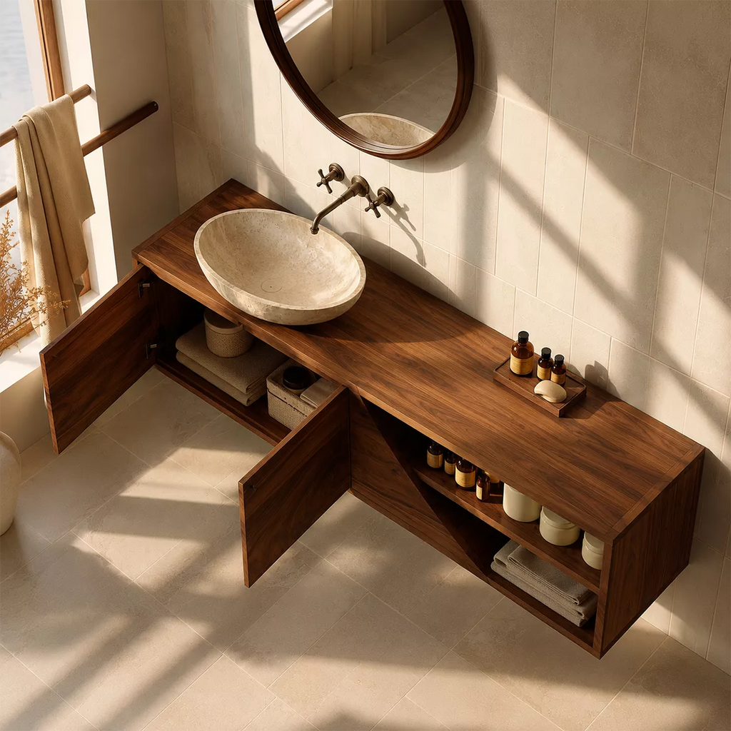 Floating Solid Wood Bathroom Vanity With Asymmetrical Open Shelf And Hidden Cabinet Storage