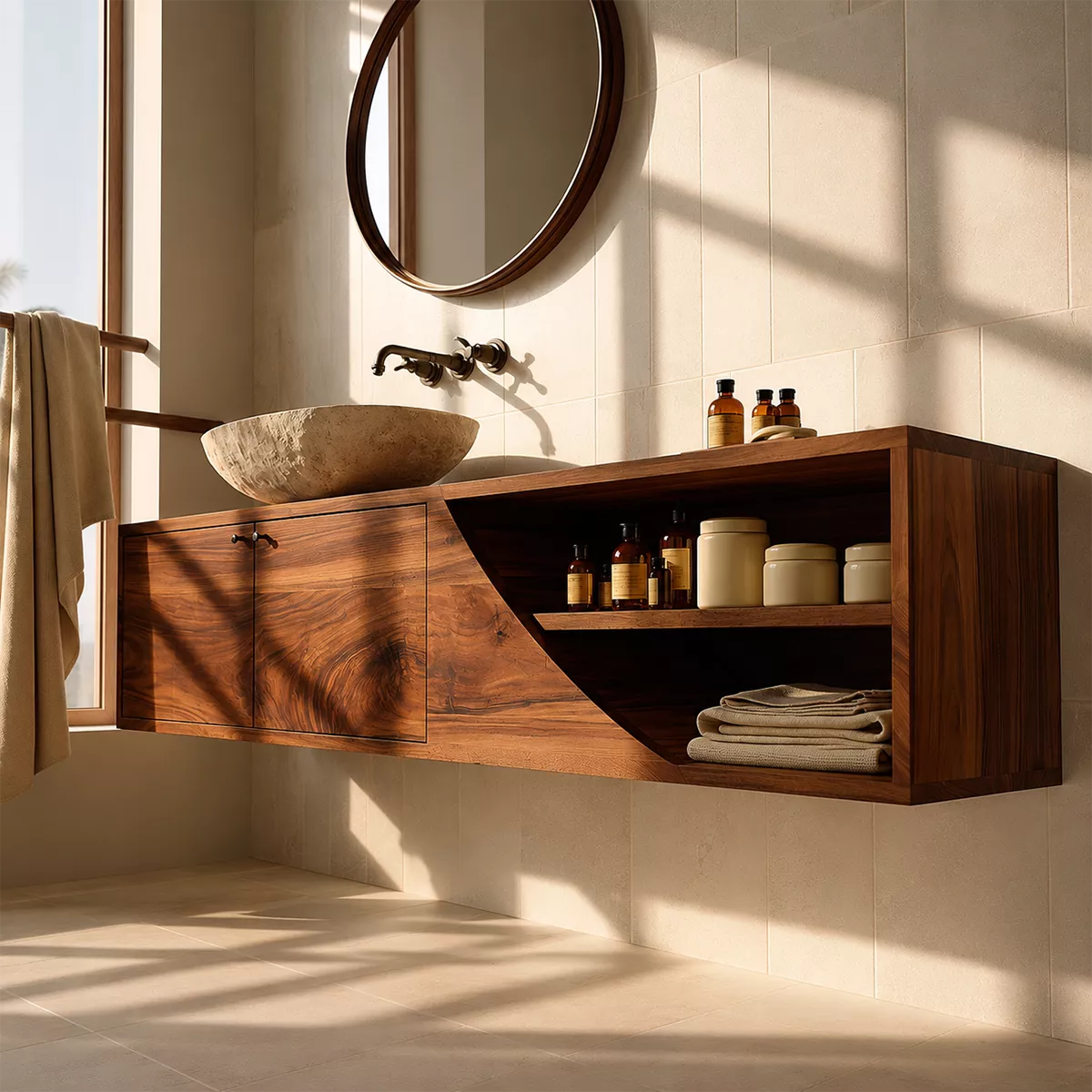 Floating Solid Wood Bathroom Vanity With Asymmetrical Open Shelf And Hidden Cabinet Storage