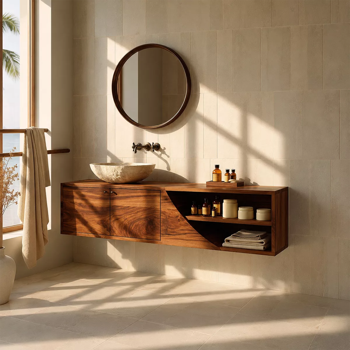 Floating Solid Wood Bathroom Vanity With Asymmetrical Open Shelf And Hidden Cabinet Storage