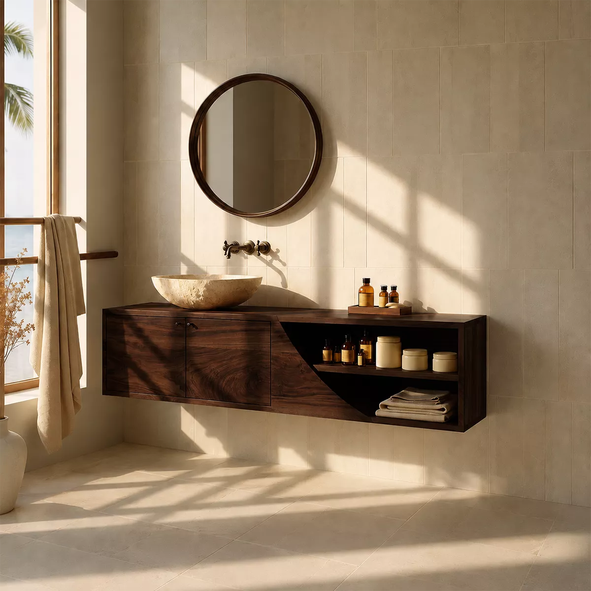 Floating Solid Wood Bathroom Vanity With Asymmetrical Open Shelf And Hidden Cabinet Storage