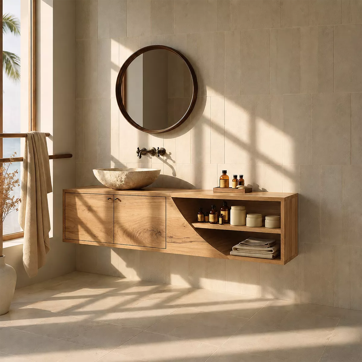 Floating Solid Wood Bathroom Vanity With Asymmetrical Open Shelf And Hidden Cabinet Storage