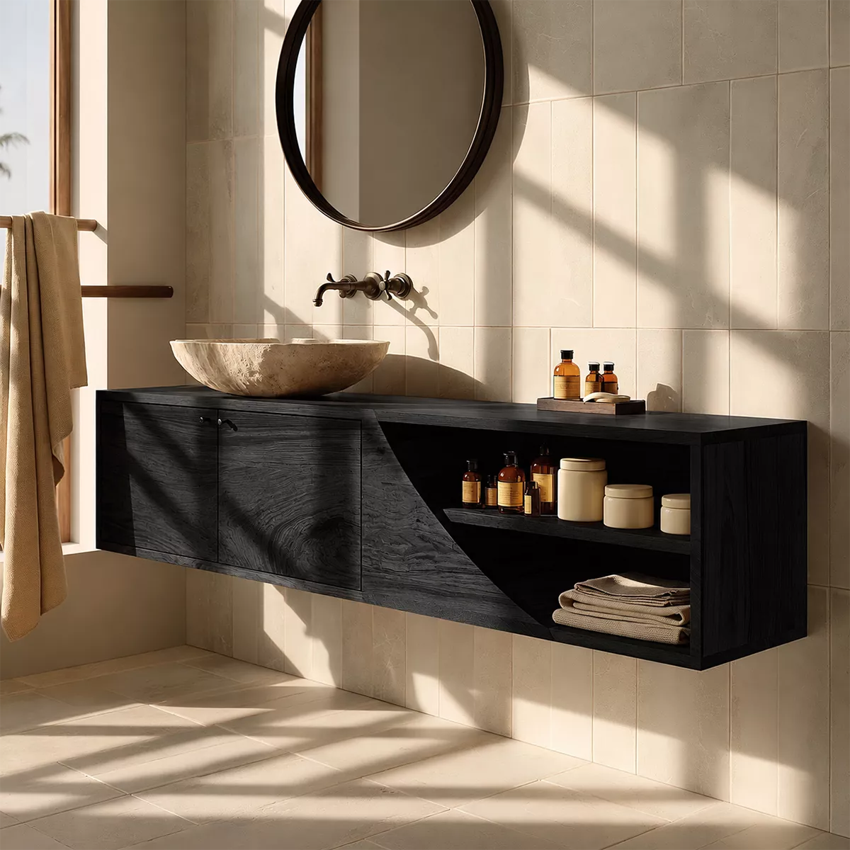 Floating Solid Wood Bathroom Vanity With Asymmetrical Open Shelf And Hidden Cabinet Storage