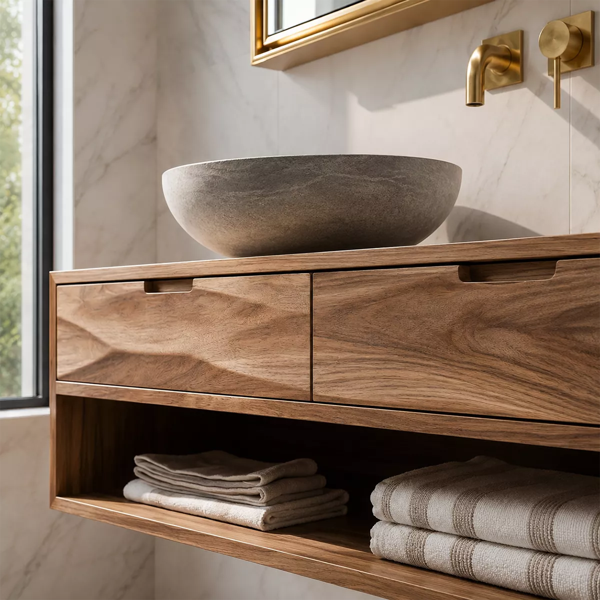 Floating Solid Wood Bathroom Vanity With Open Towel Shelf And Hidden Drawer Storage