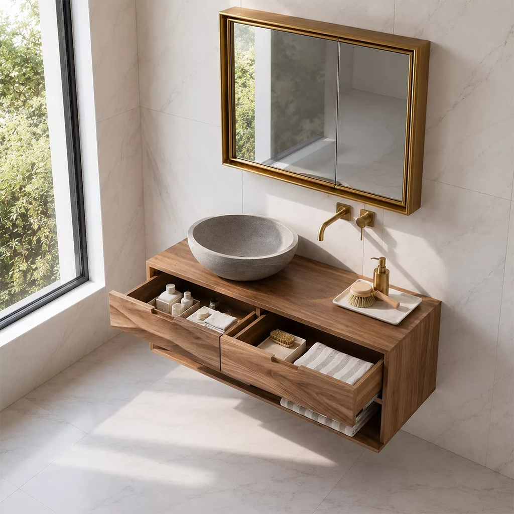 Floating Solid Wood Bathroom Vanity With Open Towel Shelf And Hidden Drawer Storage