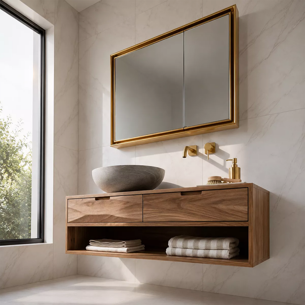Floating Solid Wood Bathroom Vanity With Open Towel Shelf And Hidden Drawer Storage