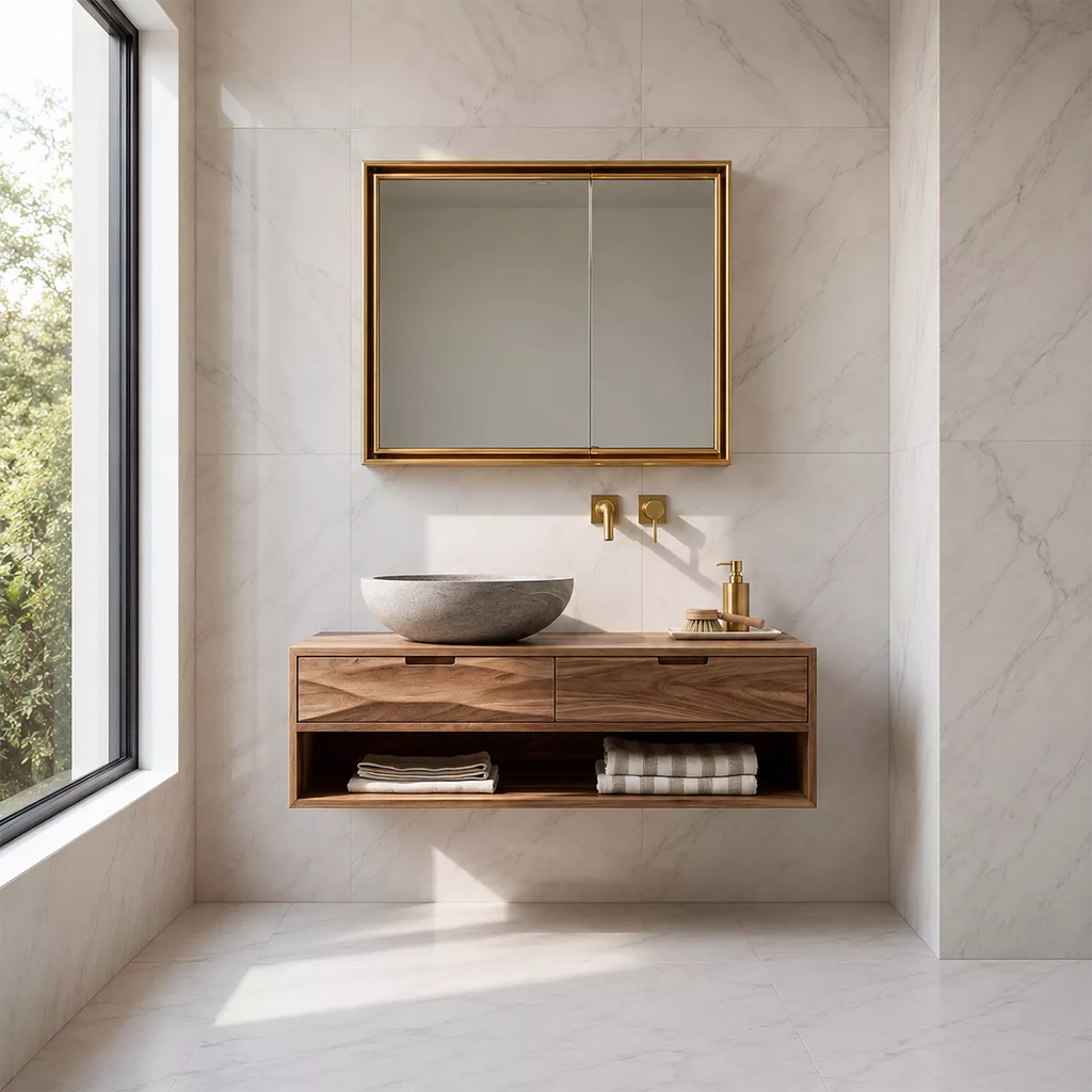 Floating Solid Wood Bathroom Vanity With Open Towel Shelf And Hidden Drawer Storage