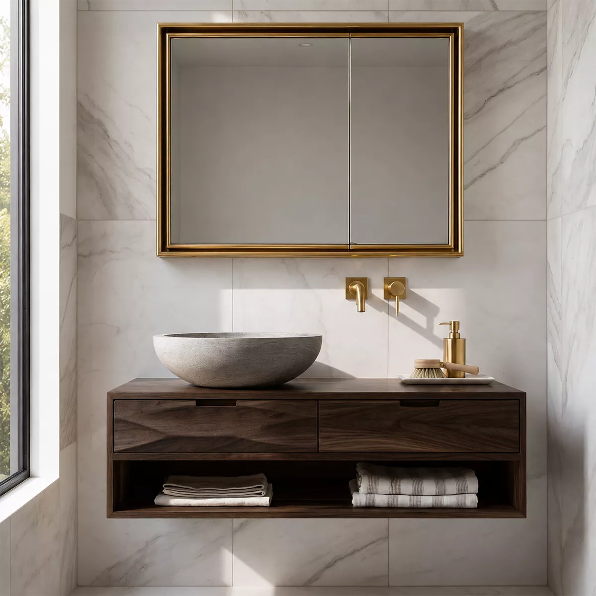 Floating Solid Wood Bathroom Vanity With Open Towel Shelf And Hidden Drawer Storage