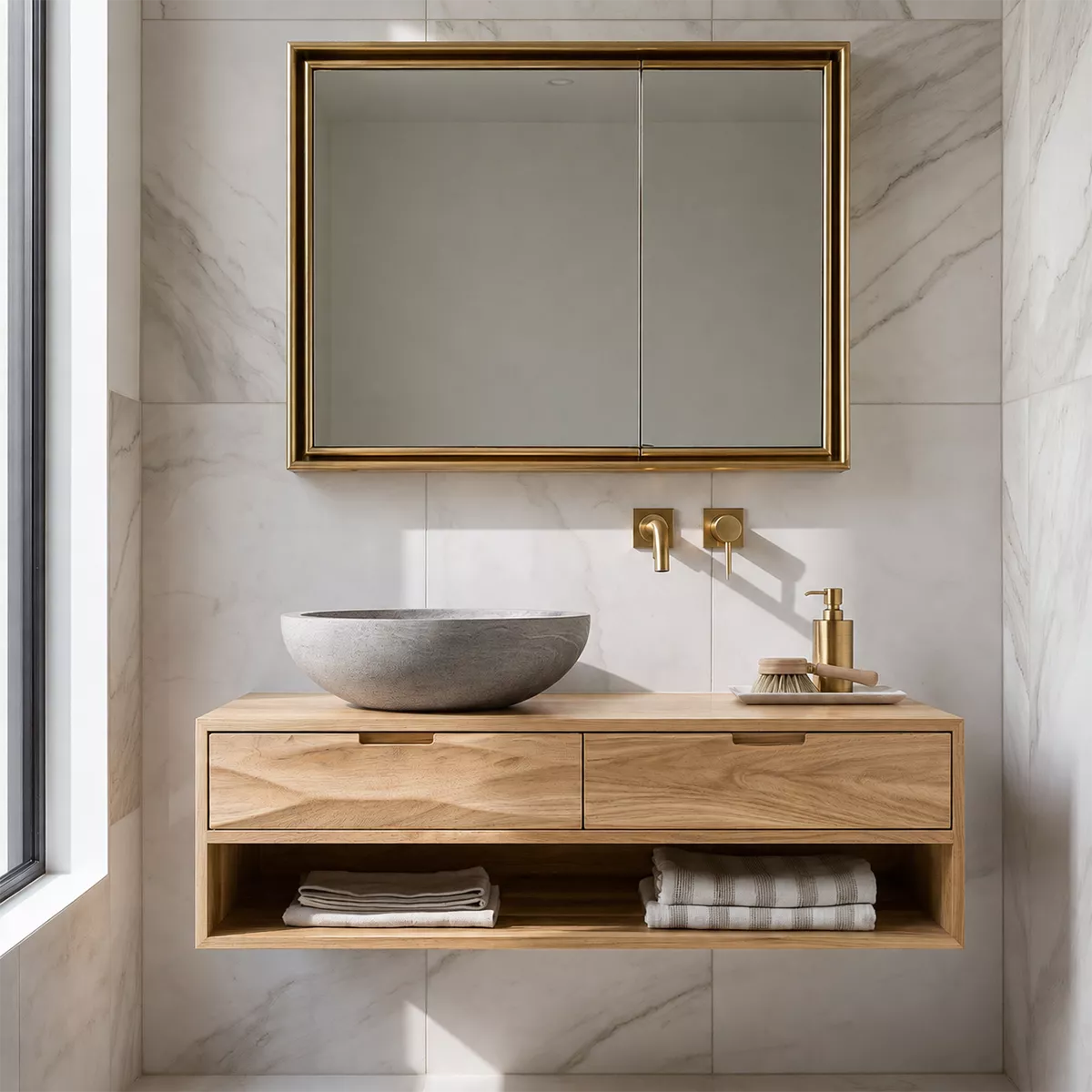 Floating Solid Wood Bathroom Vanity With Open Towel Shelf And Hidden Drawer Storage
