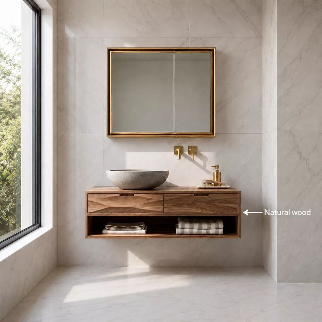 Floating Solid Wood Bathroom Vanity With Open Towel Shelf And Hidden Drawer Storage