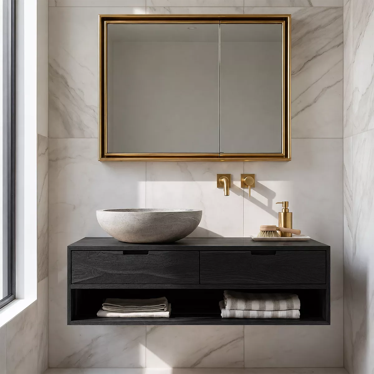 Floating Solid Wood Bathroom Vanity With Open Towel Shelf And Hidden Drawer Storage