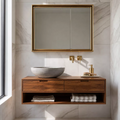 Floating Solid Wood Bathroom Vanity With Open Towel Shelf And Hidden Drawer Storage