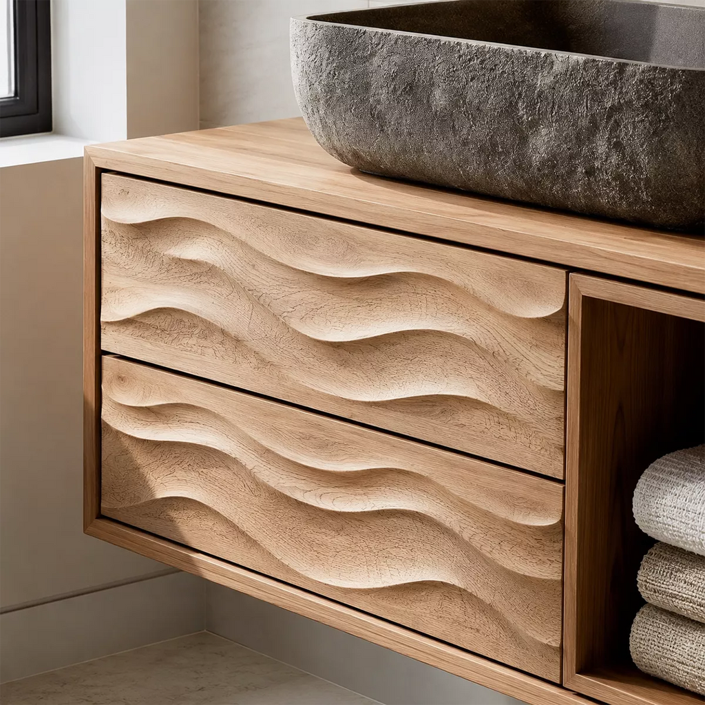 Floating Solid Wood Bathroom Vanity With Carved Wave Drawers And Open Towel Shelf
