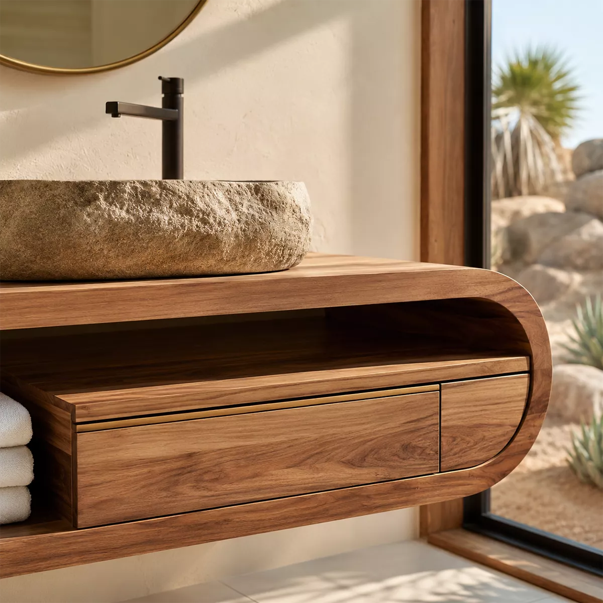 Floating Solid Wood Bathroom Vanity With Open Shelf And Rounded Drawer Storage