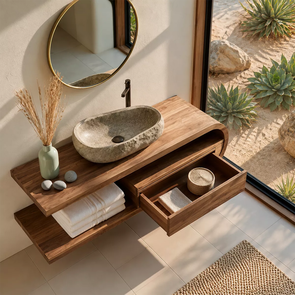 Floating Solid Wood Bathroom Vanity With Open Shelf And Rounded Drawer Storage