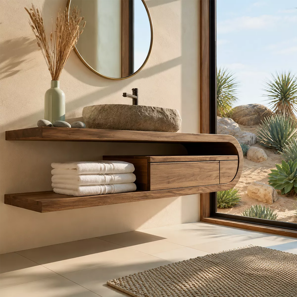 Floating Solid Wood Bathroom Vanity With Open Shelf And Rounded Drawer Storage