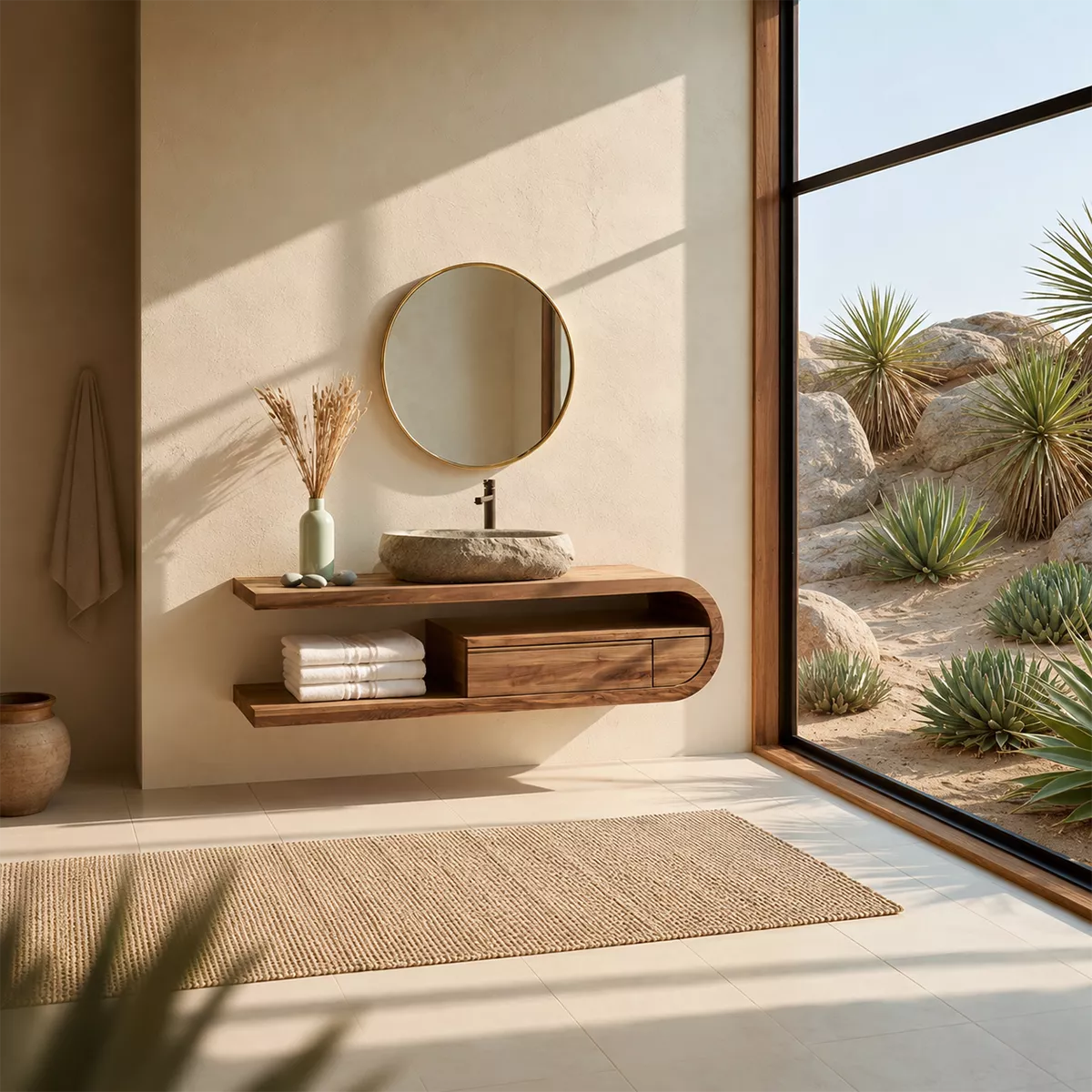 Floating Solid Wood Bathroom Vanity With Open Shelf And Rounded Drawer Storage