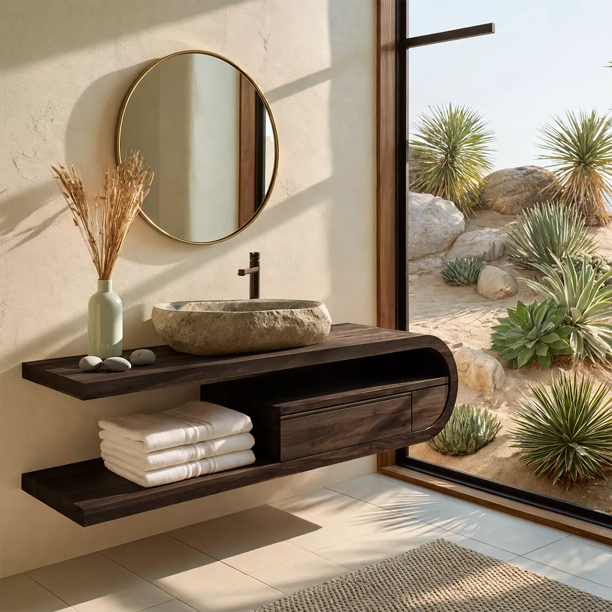 Floating Solid Wood Bathroom Vanity With Open Shelf And Rounded Drawer Storage