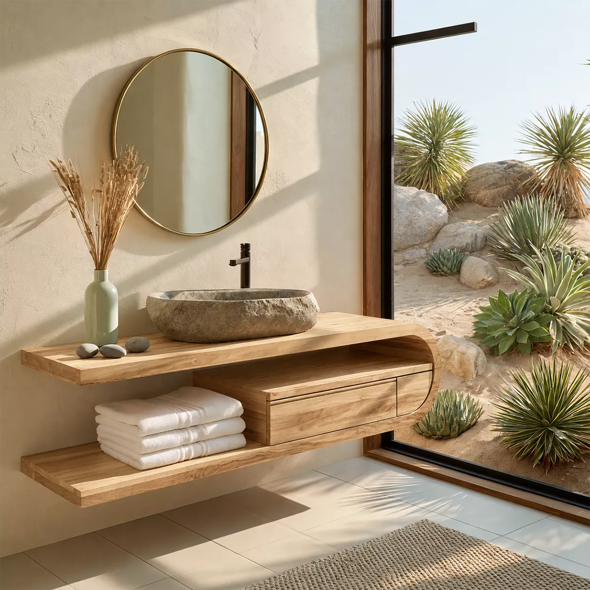 Floating Solid Wood Bathroom Vanity With Open Shelf And Rounded Drawer Storage